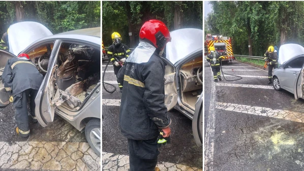 Um dos veículos invadiu a contramão em uma curva, provocou a colisão com outro carro e pegou fogo após a batida; passageira foi socorrida com traumatismo craniano
