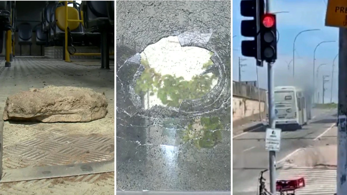 Pedra que quebrou janela ficou no chão do coletivo, que depois foi incendiado; PM conseguiu conter o avanço das chamas