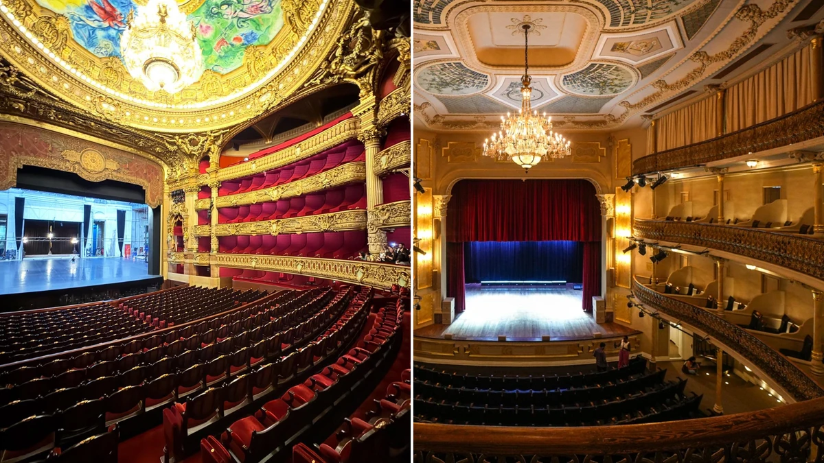 Ópera Garnier, cenário de O Fantasma da Ópera (2004), e o Theatro Carlos Gomes