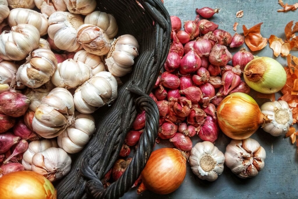 Com ação anti-inflamatória e antimicrobiana, o alho e a cebola ajudam a fortalecer as defesas do organismo (Imagem: tria angin | Shutterstock)