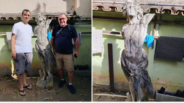 Momento em que a dupla encontra a escultura desaparecida havia mais de quatro décadas