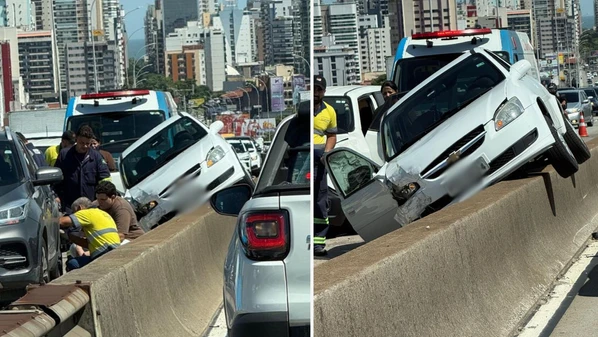 Colisão envolveu três veículos e um deles subiu o canteiro central da estrutura