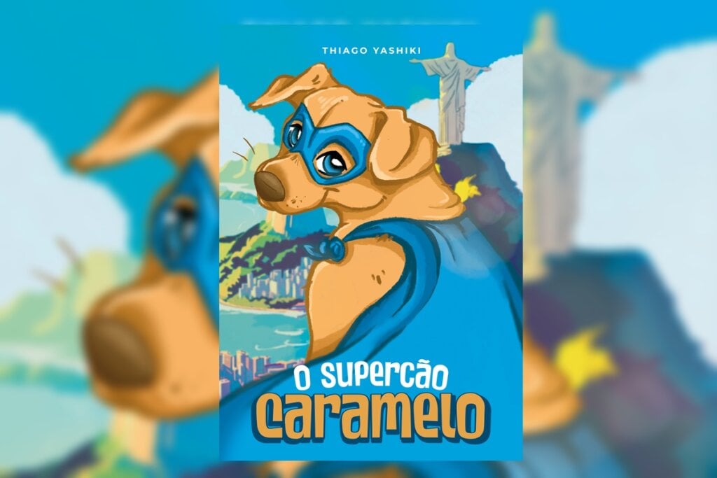 No livro “O Supercão Caramelo”, um cachorro comum descobre poderes extraordinários e assume a missão de proteger sua cidade (Imagem: Divulgação | Thiago Yashiki)