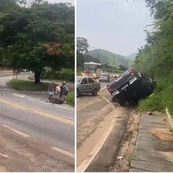 Colisão entre caminhonete, carro e moto ocorreu na BR 482; motorista de Fiat Uno foi socorrido em estado grave