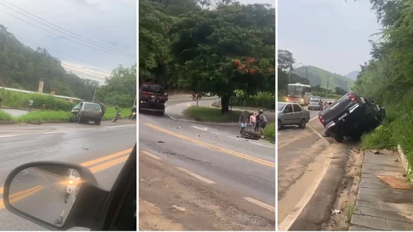 Colisão entre caminhonete, carro e moto ocorreu na BR 482; motorista de Fiat Uno foi socorrido em estado grave