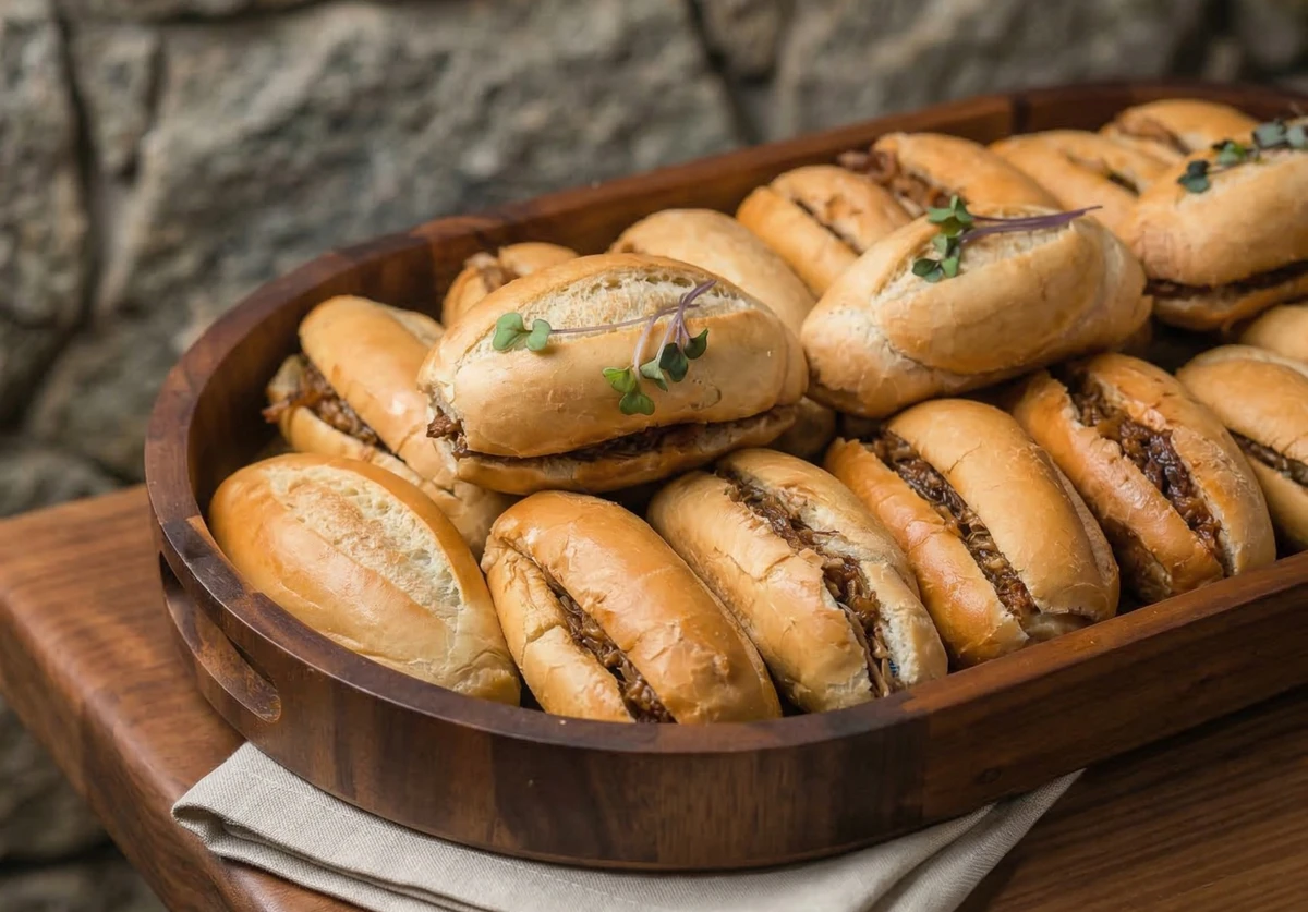 Pão recheado com pernil e cebola caramelizada do restaurante Ellus Foto por Astris Filmes