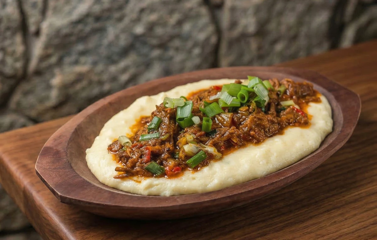 Cumbuca de purê de aipim com carne do restaurante Ellus Foto por Astris Filmes