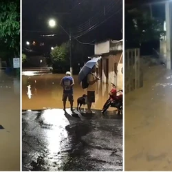 Córrego transbordou e invadiu ruas de Anutiba na noite de segunda-feira (23); não há registro de casas atingidas