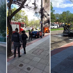Incêndio foi registrado na Avenida César Hilal por volta das 13h30 e chamas foram controladas pelos bombeiros; veículo foi completamente destruído e não houve feridos