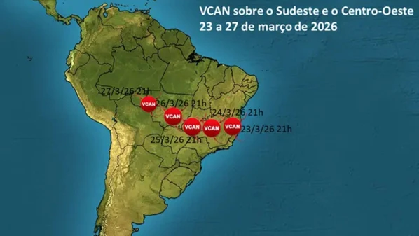 Deslocamento de um Vórtice Ciclônico em Altos Níveis (VCAN) sobre o Brasil, entre 23 e 27 de março de 2026