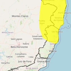 Aviso de perigo potencial do Instituto Nacional de Meteorologia (Inmet) prevê até 50 mm de chuva por dia e ventos de até 60 km/h