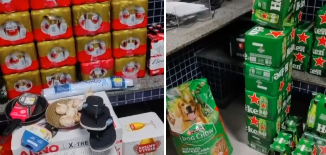Dentro de um veículo, foram encontrados produtos como fardos de cerveja, chinelo, ração canina, frigideira e até cabeças de alho