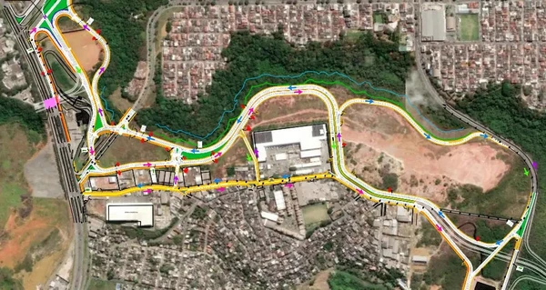 Traçado previsto das obras em Civit II: a projeção apresenta por onde vai passar a nova via e a direção do fluxo de veículos