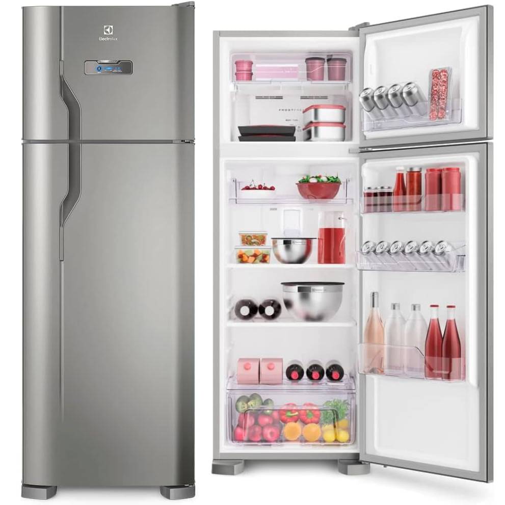 Geladeira Brastemp duplex inox com freezer superior e design moderno