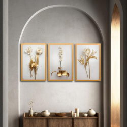 Quadro 3 Peças Dourado Floral Branco - Fácil Fixação com Fita Dupla Face