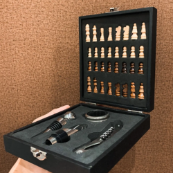 Kit Abridor Vinho 4 Peças Inox Case Jogo Xadrez Madeira